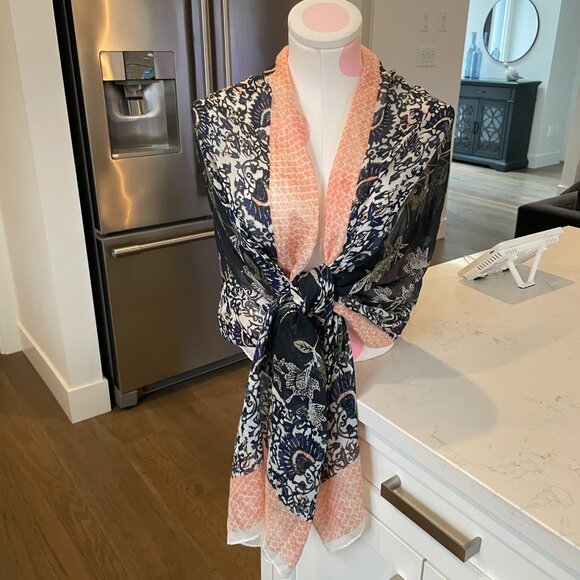 Tory Burch Inspired Lightweight Nature Print Viscose Blend Scarf Navy Peach OS - Picture 2 of 12